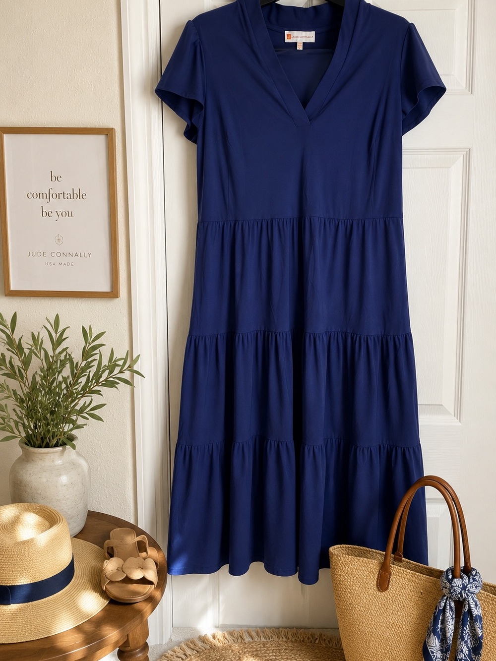 Jude Connally Deep Blue Tiered V-Neck Midi Dress XXL